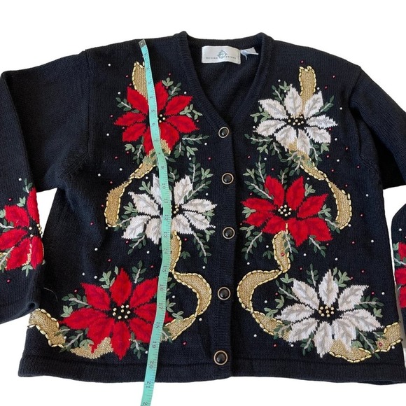 Design Options Cardigan Holiday Poinsettia Floral Black Beaded Size Large VTG - Picture 10 of 12